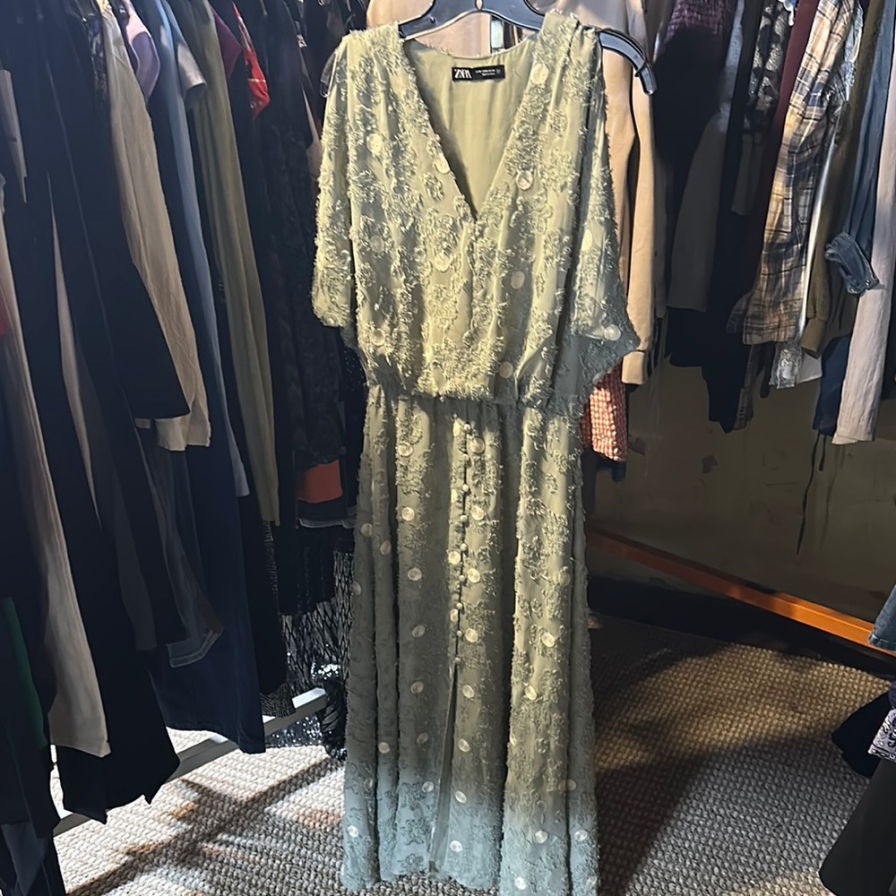 Zara Sage Green Floral Maxi Dress m